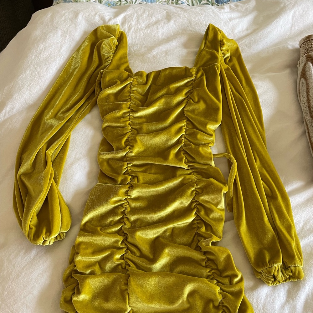 Yellow Ruched Long Sleeve Dress